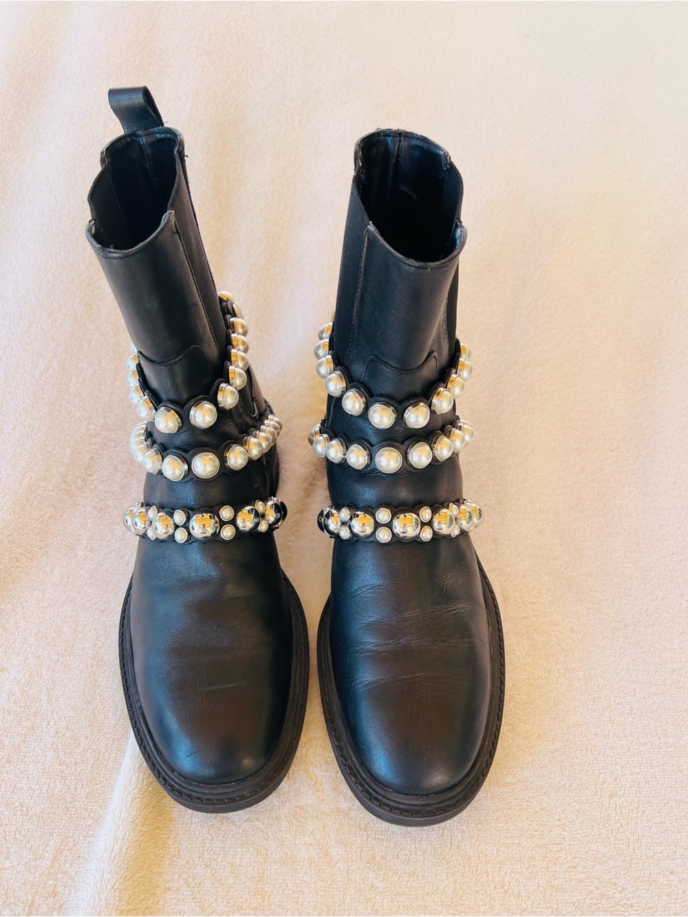 Zara Leather Pearl Strap Ankle Boots Block Heel Size 8 Black - Picture 7 of 12